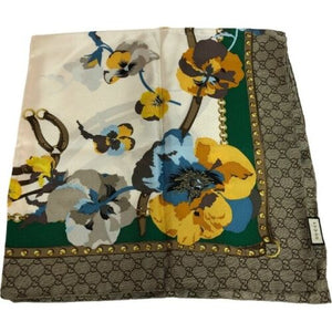 Gucci GG Silk Scarf with Yellow Flowers and Green Border