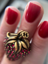 Load image into Gallery viewer, Gucci Strawberry Ring in Antique Gold with Red Crystals