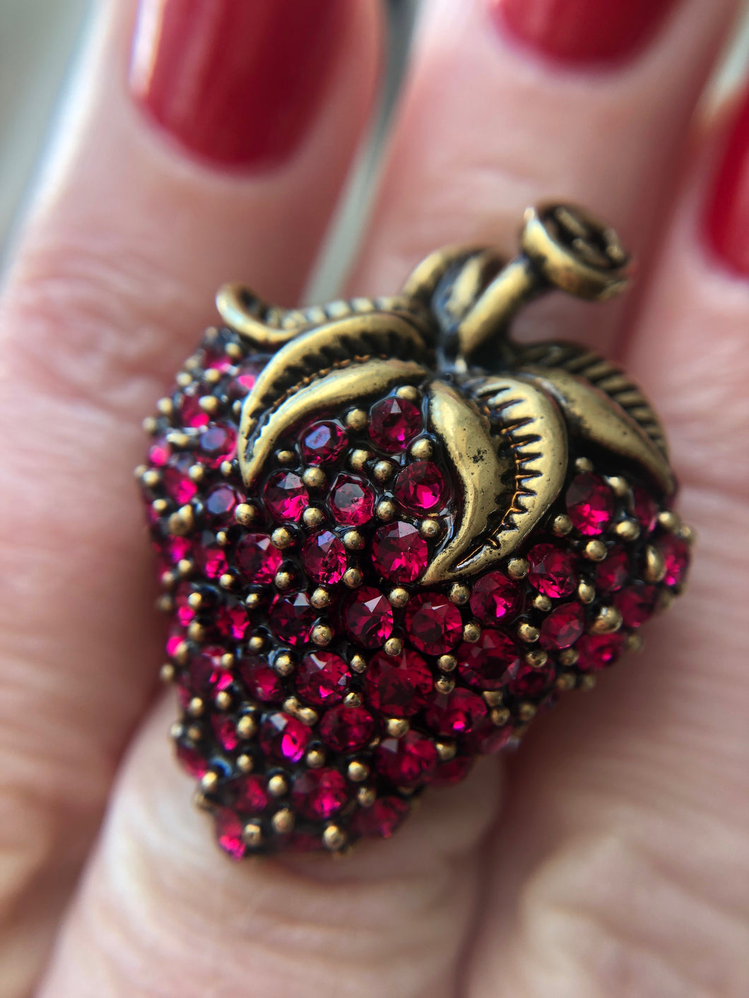 Gucci Strawberry Ring in Antique Gold with Red Crystals