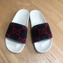 Load image into Gallery viewer, Gucci GG Monogram Velvet Slides in Navy and Red