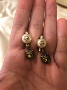 GUCCI Feline Head Brass and Crystal Drop Earrings