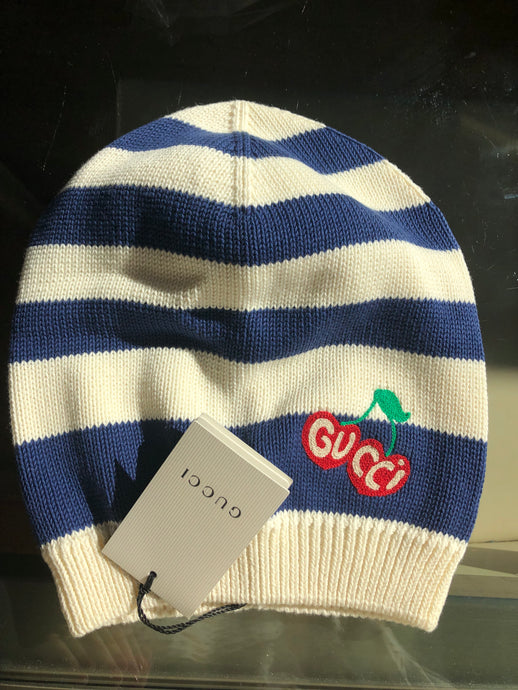 Gucci Blue and White Striped Beanie Hat with Cherry Motif