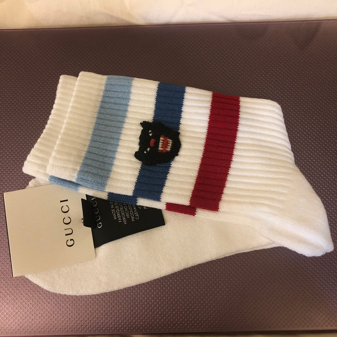 Gucci Cotton Socks in White with Stripes and Panther Patch