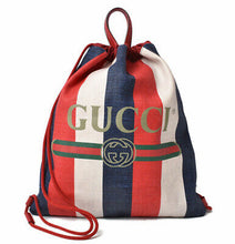 Load image into Gallery viewer, Gucci Striped Canvas Web Logo Drawstring Backpack