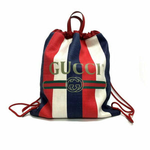 Gucci Striped Canvas Web Logo Drawstring Backpack