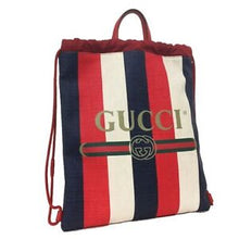 Load image into Gallery viewer, Gucci Striped Canvas Web Logo Drawstring Backpack